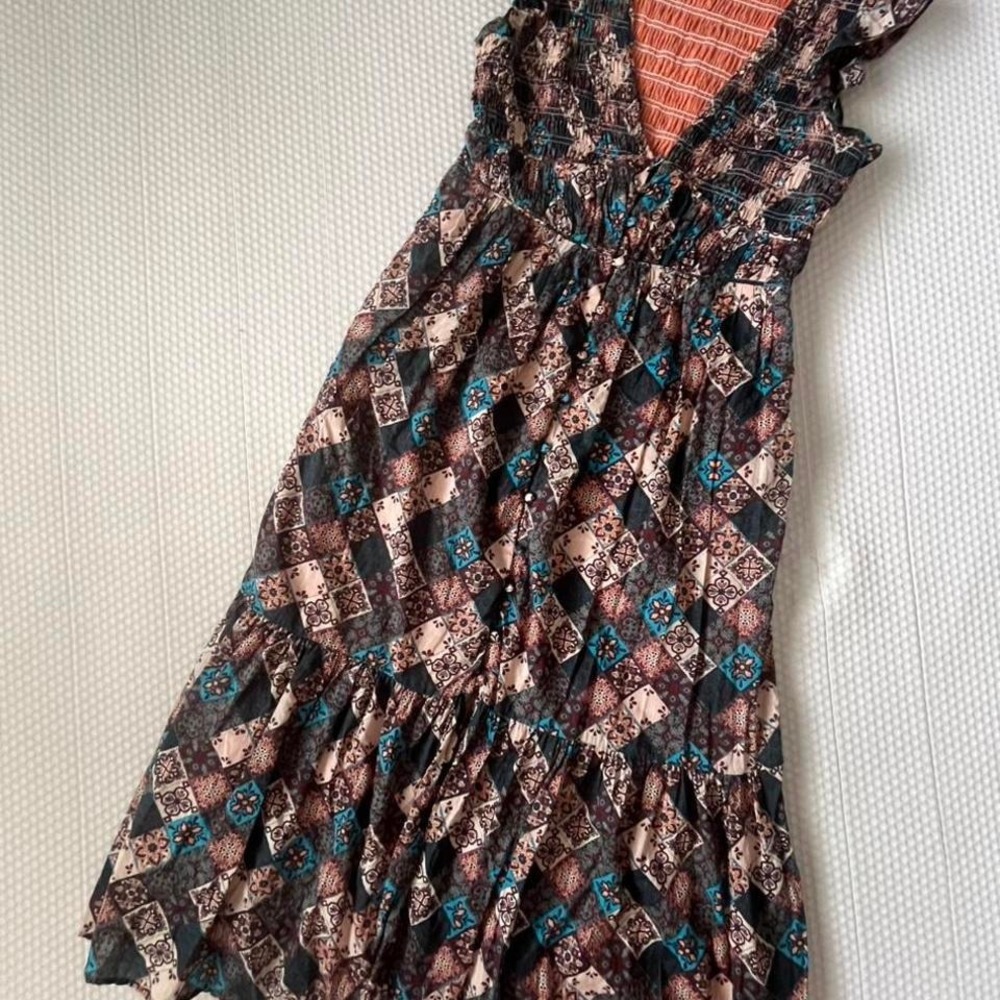 Anthropologie Peregrine midi dress boho patchwork smocked flutter sleeve